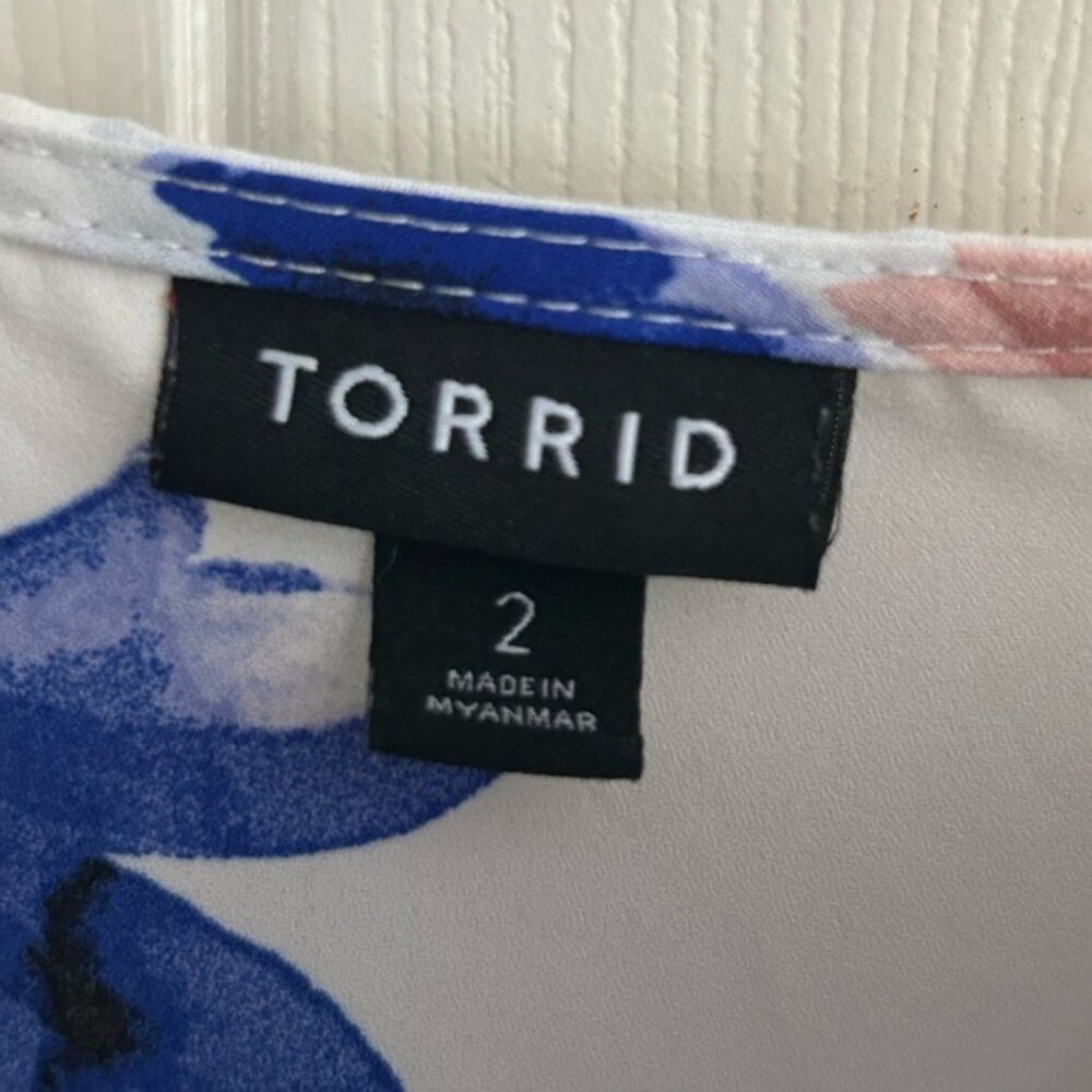 Torrid Floral Pink & Blue Semi-Sheer Peplum Blouse Sz 2X - Picture 7 of 15